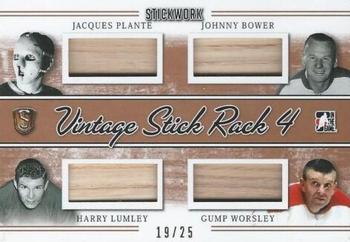 2017 Leaf In The Game Stickwork - Vintage Stick Rack 4 Relics #VSR-02 Jacques Plante / Johnny Bower / Harry Lumley / Gump Worsley Front