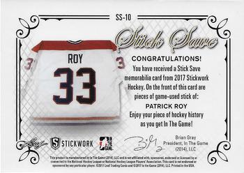 2017 Leaf In The Game Stickwork - Stick Save Relics #SS-10 Patrick Roy Back