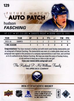 2016-17 SP Authentic - Future Watch Auto Patches #129 Hudson Fasching Back