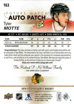 2016-17 SP Authentic - Future Watch Auto Patches #163 Tyler Motte Back