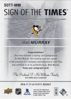 2016-17 SP Authentic - Sign of the Times Inscriptions #SOTT-MM Matt Murray Back