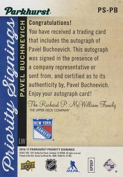 2016-17 Parkhurst Toronto Fall Expo Priority Signings #PS-PB Pavel Buchnevich Back