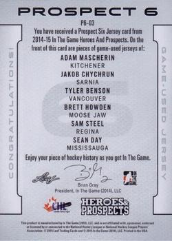 2014-15 In The Game Heroes & Prospects - Prospect Six Blue #P6-03 Adam Mascherin / Jakob Chychrun / Tyler Benson / Brett Howden / Sam Steel / Sean Day Back