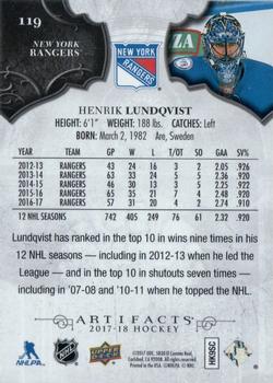 2017-18 Upper Deck Artifacts #119 Henrik Lundqvist Back
