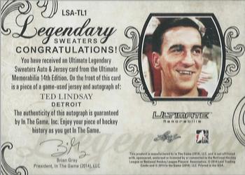 2014-15 In The Game Ultimate Memorabilia - Ultimate Legendary Sweaters Jersey Autographs Gold #LS-TL1 Ted Lindsay Back