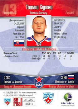 2011-12 Sereal KHL Basic Series - Silver Parallel #ЦСК014 Tomas Surovy Back