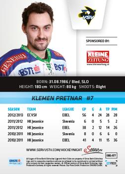 2013-14 Austrian EBEL #77 Klemen Pretnar Back