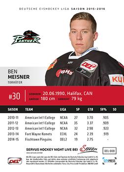 2015-16 Playercards Premium Series 1 (DEL) #DEL-008 Ben Meisner Back