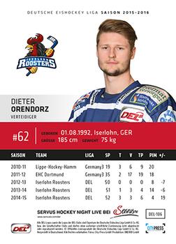 2015-16 Playercards Premium Series 1 (DEL) #DEL-106 Dieter Orendorz Back