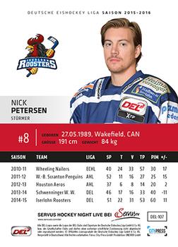 2015-16 Playercards Premium Series 1 (DEL) #DEL-107 Nick Petersen Back