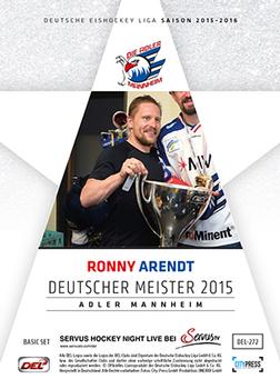2015-16 Playercards Premium Series 1 (DEL) #DEL-272 Ronny Arendt Back
