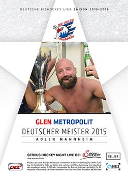 2015-16 Playercards Premium Series 1 (DEL) #DEL-288 Glen Metropolit Back