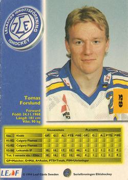 1994-95 Leaf Elit Set (Swedish) #65 Tomas Forslund Back