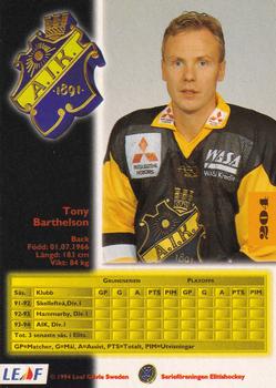 1994-95 Leaf Elit Set (Swedish) #204 Tony Barthelsson Back