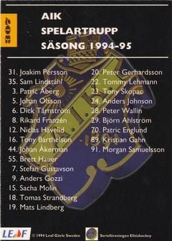 1994-95 Leaf Elit Set (Swedish) #307 AIK Back