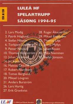 1994-95 Leaf Elit Set (Swedish) #313 Lulea HF Back