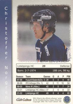 2002-03 Swedish SHL Elitset #48 Christoffer Norgren Back