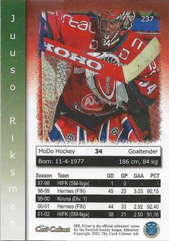 2002-03 Swedish SHL Elitset #237 Juuso Riksman Back