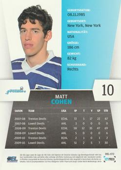 2010-11 Playercards (DEL) #DEL-072 Matt Cohen Back