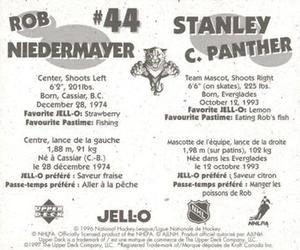 1996-97 Upper Deck Kraft - Jell-O Mascots #NNO Rob Niedermayer / Stanley C. Panther Back