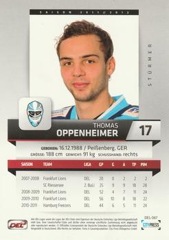 2011-12 Playercards (DEL) #DEL-067 Thomas Oppenheimer Back