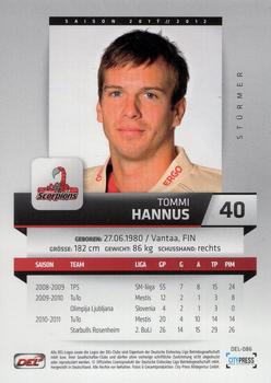 2011-12 Playercards (DEL) #DEL-086 Tommi Hannus Back