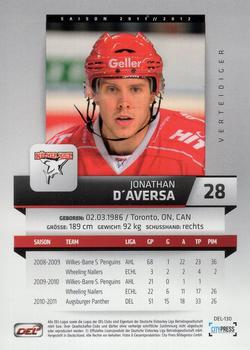 2011-12 Playercards (DEL) #DEL-130 Jonathan D'Aversa Back