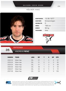 2008-09 Playercards (DEL) #259 Andreas Renz Back