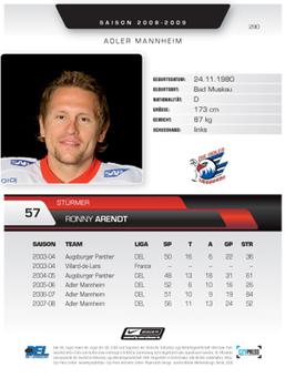 2008-09 Playercards (DEL) #290 Ronny Arendt Back