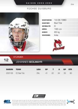 2008-09 Playercards (DEL) #354 Johannes Sedlmayr Back