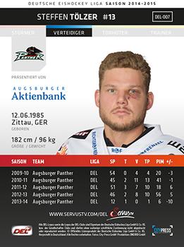 2014-15 Playercards Premium Serie 1 (DEL) #DEL-007 Steffen Tolzer Back