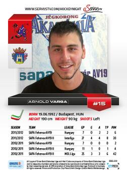 2012-13 Playercards EBEL #EBEL-309 Arnold Varga Back