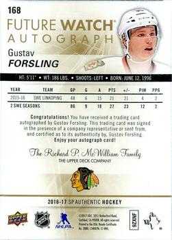 2016-17 SP Authentic - Future Watch Autographs Black (Gold Ink) #168 Gustav Forsling Back