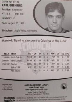 2002-03 Choice Syracuse Crunch (AHL) #1 Karl Goehring Back
