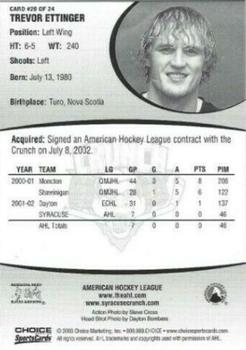 2002-03 Choice Syracuse Crunch (AHL) #20 Trevor Ettinger Back