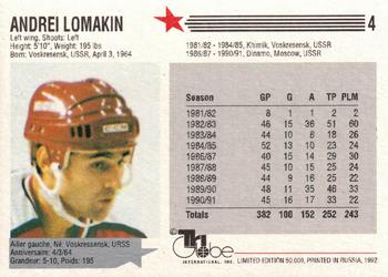 1992-93 Tri-Globe From Russia With Puck #4 Andrei Lomakin Back