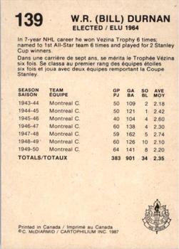 1987 Cartophilium Hockey Hall of Fame #139 Bill Durnan Back