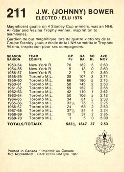 1987 Cartophilium Hockey Hall of Fame #211 Johnny Bower Back