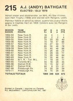 1987 Cartophilium Hockey Hall of Fame #215 Andy Bathgate Back