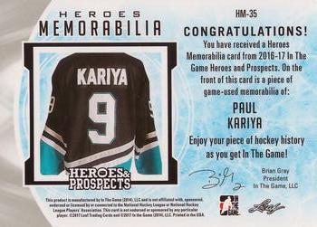 2016-17 Leaf In The Game Heroes and Prospects  - Hero Memorabilia #HM-35 Paul Kariya Back