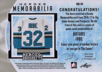 2016-17 Leaf In The Game Heroes and Prospects  - Hero Memorabilia - Red #HM-04 Arturs Irbe Back