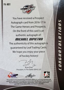 2016-17 Leaf In The Game Heroes and Prospects  - Prospect Signatures #PA-MD1 Michael DiPietro Back