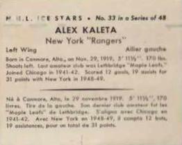 1949-50 World Wide Gum NHL Ice Stars Wrappers #33 Alex Kaleta Front