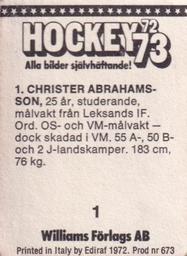 1972-73 Williams Hockey (Swedish) #1 Christer Abrahamsson Back