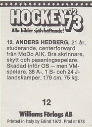 1972-73 Williams Hockey (Swedish) #12 Anders Hedberg Back