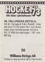 1972-73 Williams Hockey (Swedish) #36 Veli-Pekka Ketola Back