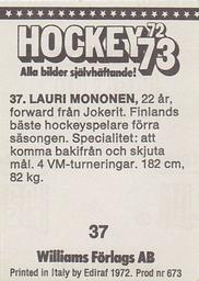 1972-73 Williams Hockey (Swedish) #37 Lauri Mononen Back