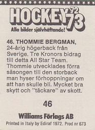 1972-73 Williams Hockey (Swedish) #46 Thommie Bergman Back