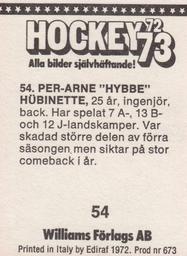 1972-73 Williams Hockey (Swedish) #54 Per-Arne Hubinette Back