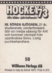 1972-73 Williams Hockey (Swedish) #58 Soren Sjogren Back